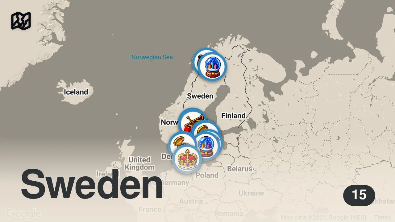 Map of 15 spots from السويد | تجربتنا في 2026، أفضل 6 مدن، خطة سفر والأسعار