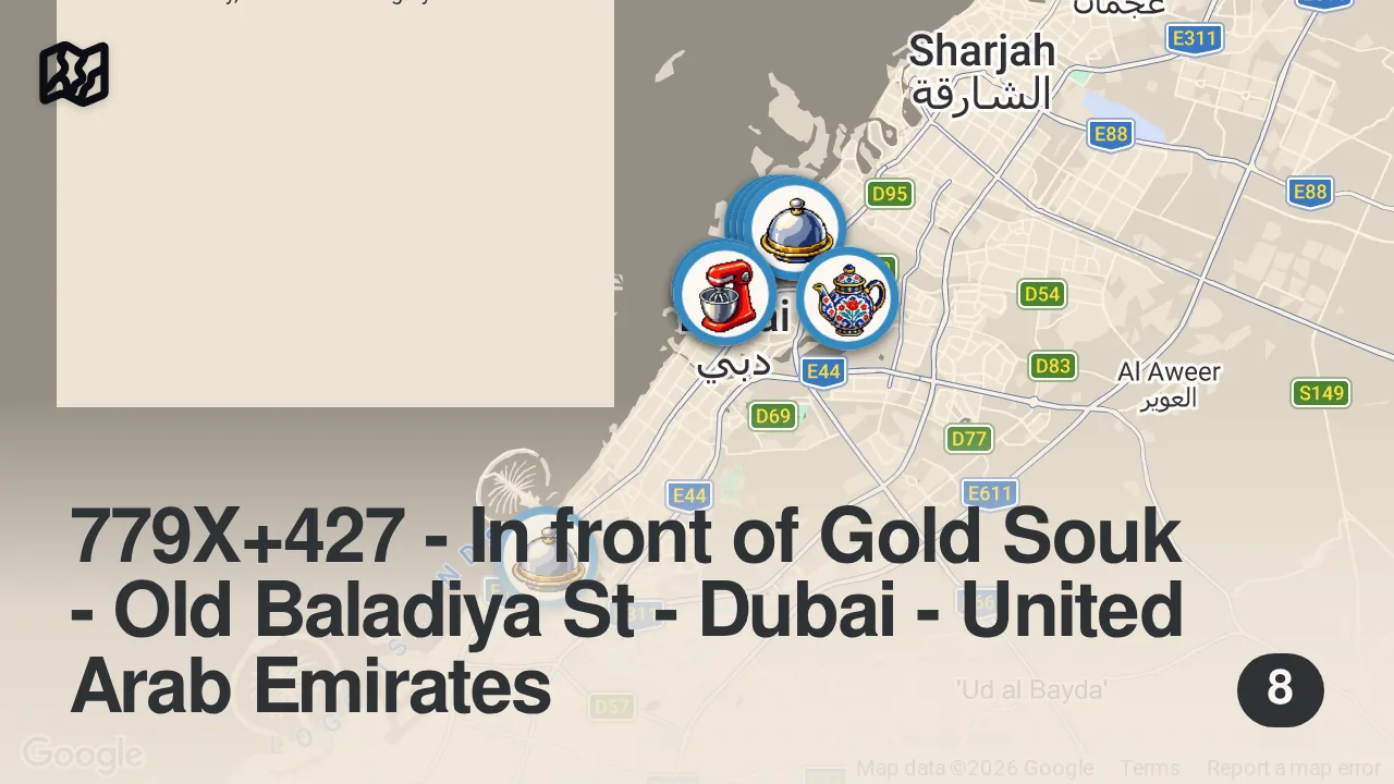 Map of 8 spots from Ultimate Persian Food Tour in Dubai - INSANE KEBAB MOUNTAIN!! 27 Iranian Foods in One Day