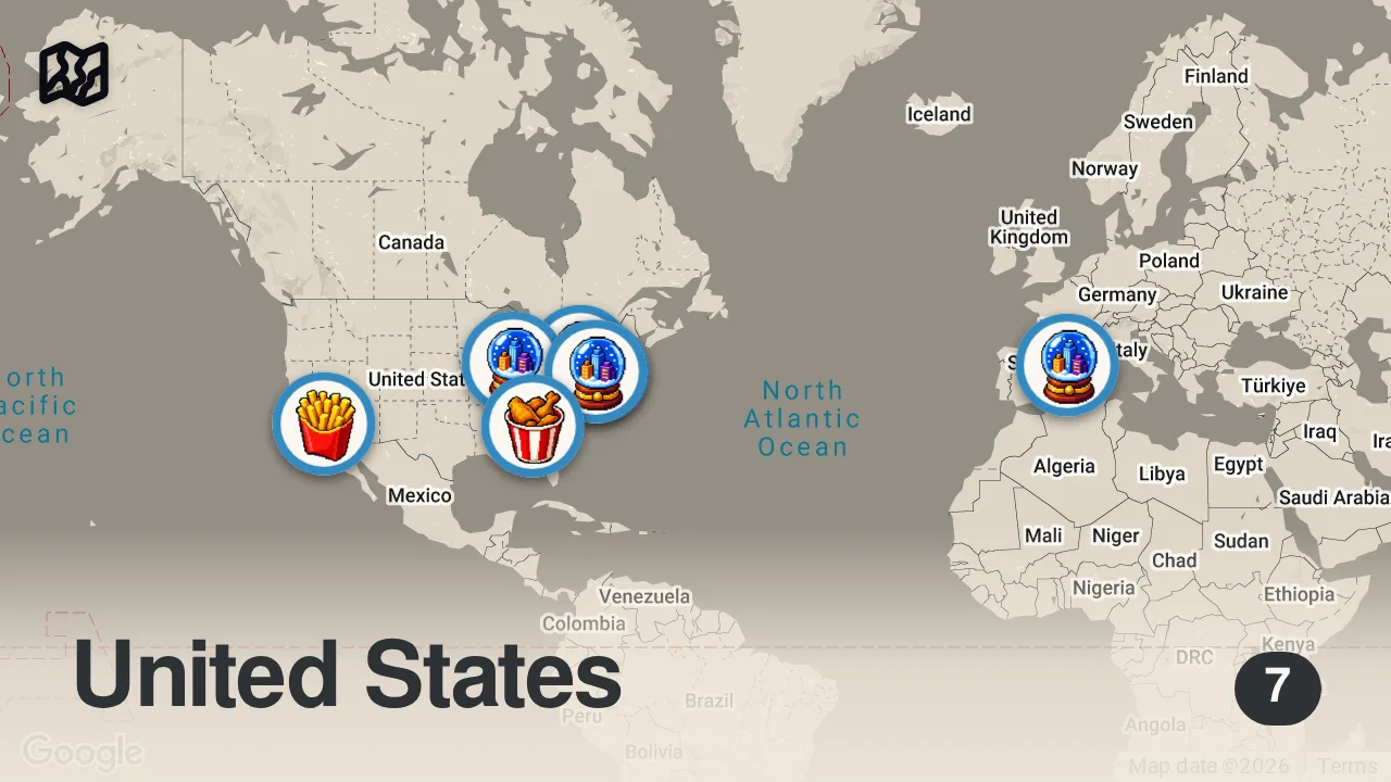 Map of 7 spots from 10 American Stereotypes I Believed Before Visiting (as a European)