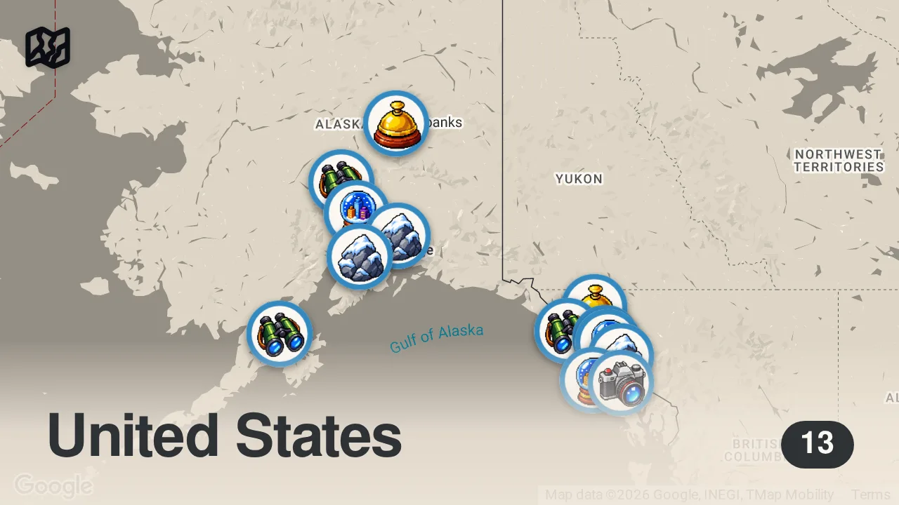 Map of 13 spots from ALASKA INEDITA | I Luoghi Più Straordinari e le Gemme dell’Alaska | 4K Guida di Viaggio