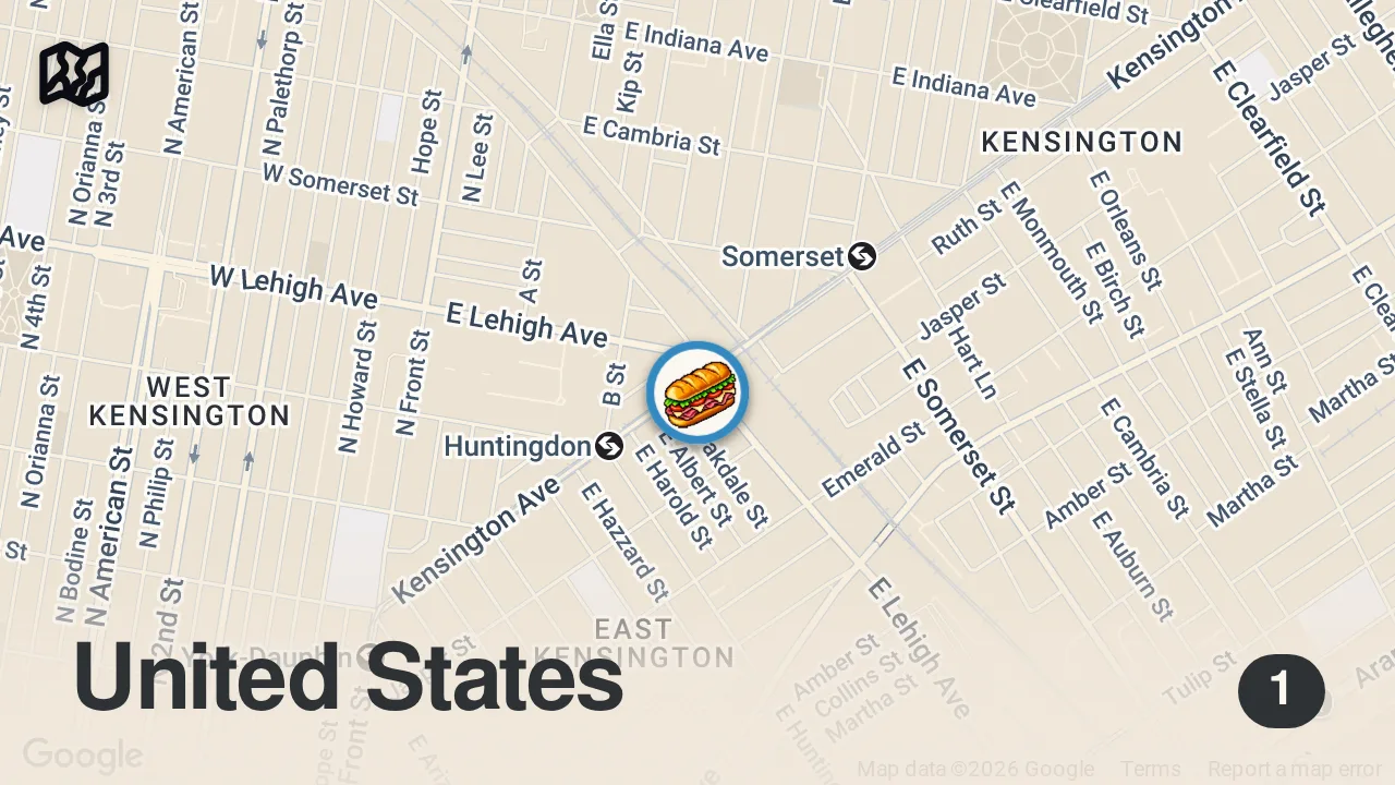 Map of 1 spot from Nostalgic Kensington corner “One Pound Cheesesteaks”