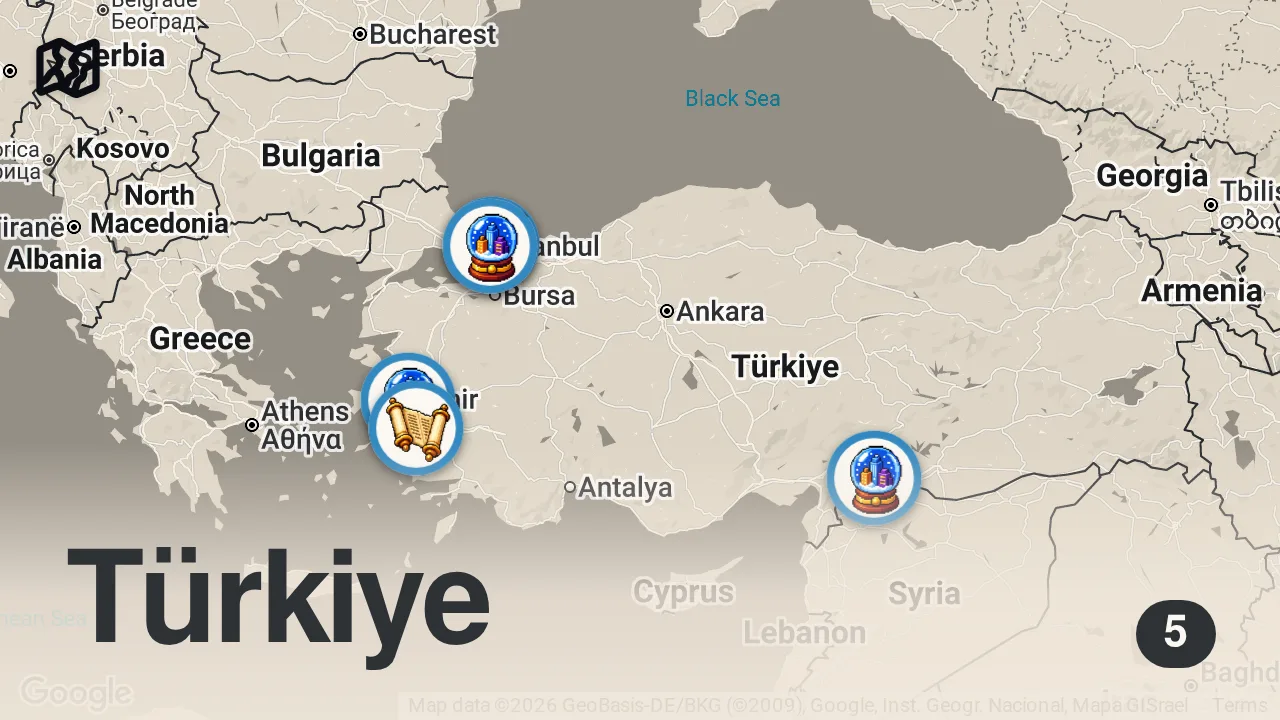 Map of 5 spots from Best STREET FOOD in Türkiye!! 🇹🇷 49 Turkish Meals - Istanbul to Gaziantep! [Full Documentary]