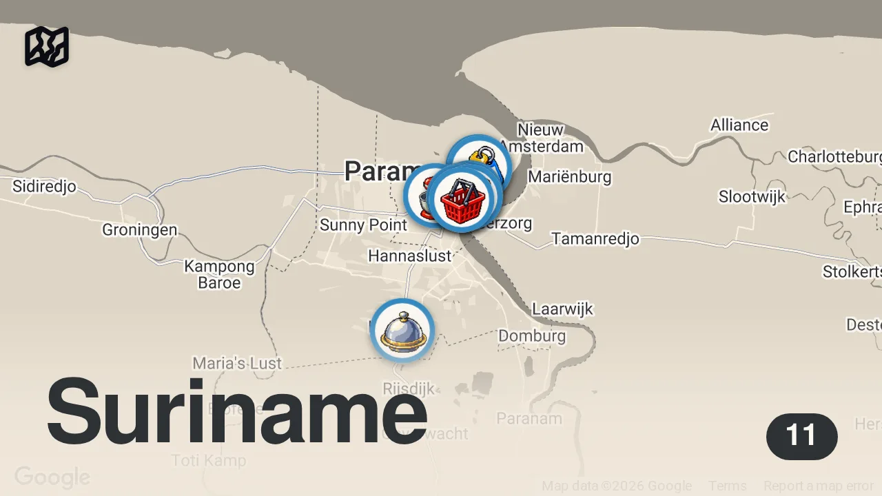 Map of 11 spots from Suriname Food Tour Secrets!! Locals Won’t Show You These Hidden Gems!!
