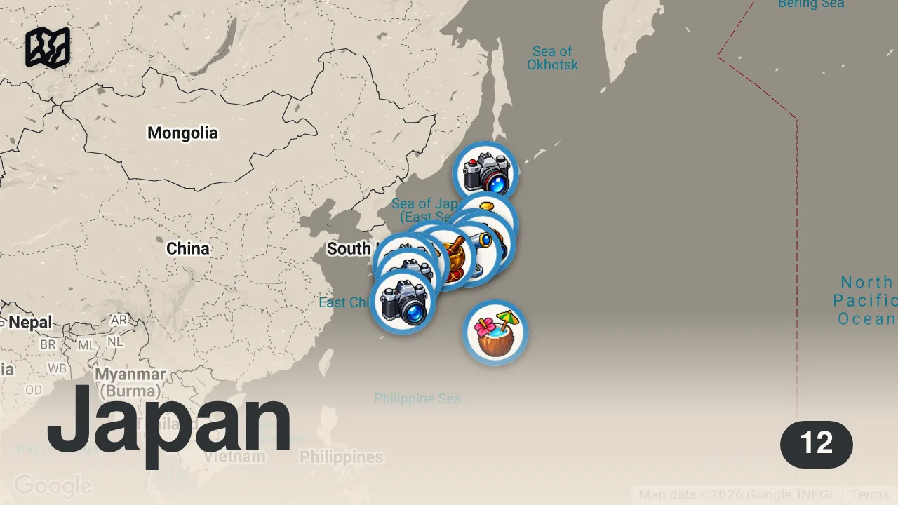 Map of 12 spots from 【絶景】人生で1度は行きたい日本の絶景20選