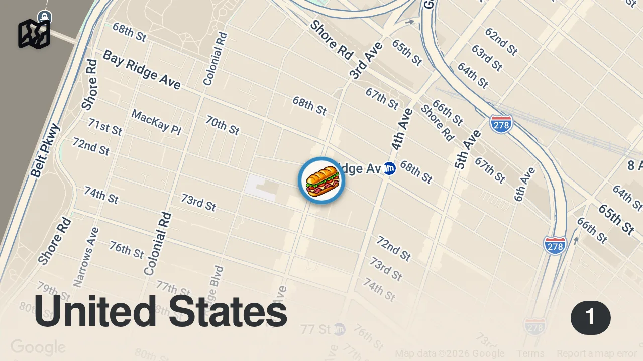 Map of 1 spot from My First New York Bodega #foodie #foodvlog #newyork #bodega #foodreview #breakfast #bacon #sandwich