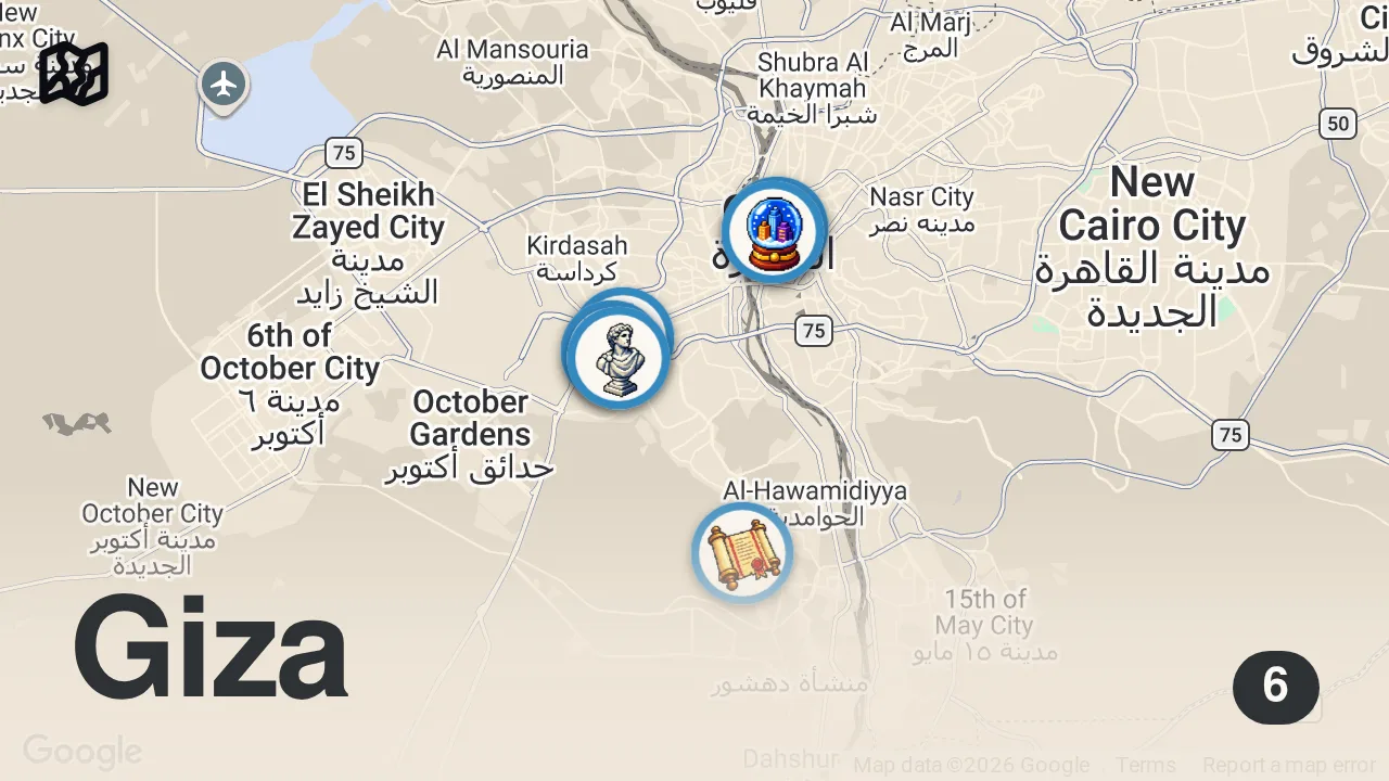 Map of 6 spots from Chaotic 24 Hours in Cairo, Egypt: Our First Impressions 🇪🇬