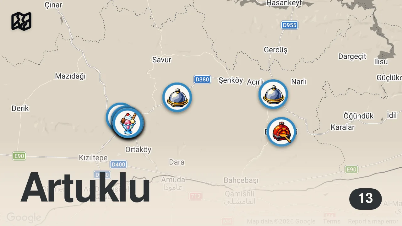 Map of 13 spots from MARDİN VLOG (Tarihin ve lezzetin peşinde 2 gün) VLOG #5 - Ayaküstü Lezzetler