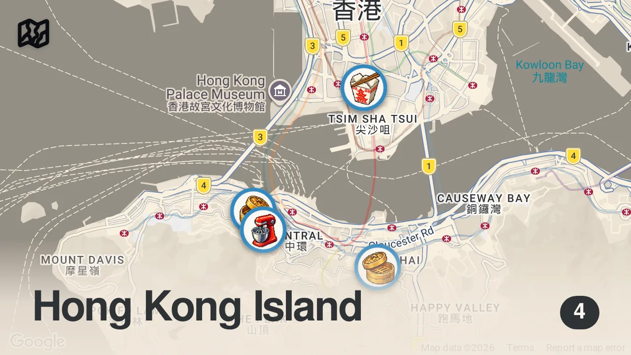 Map of 4 spots from Everything I ate on my trip to Hong Kong! 🇭🇰