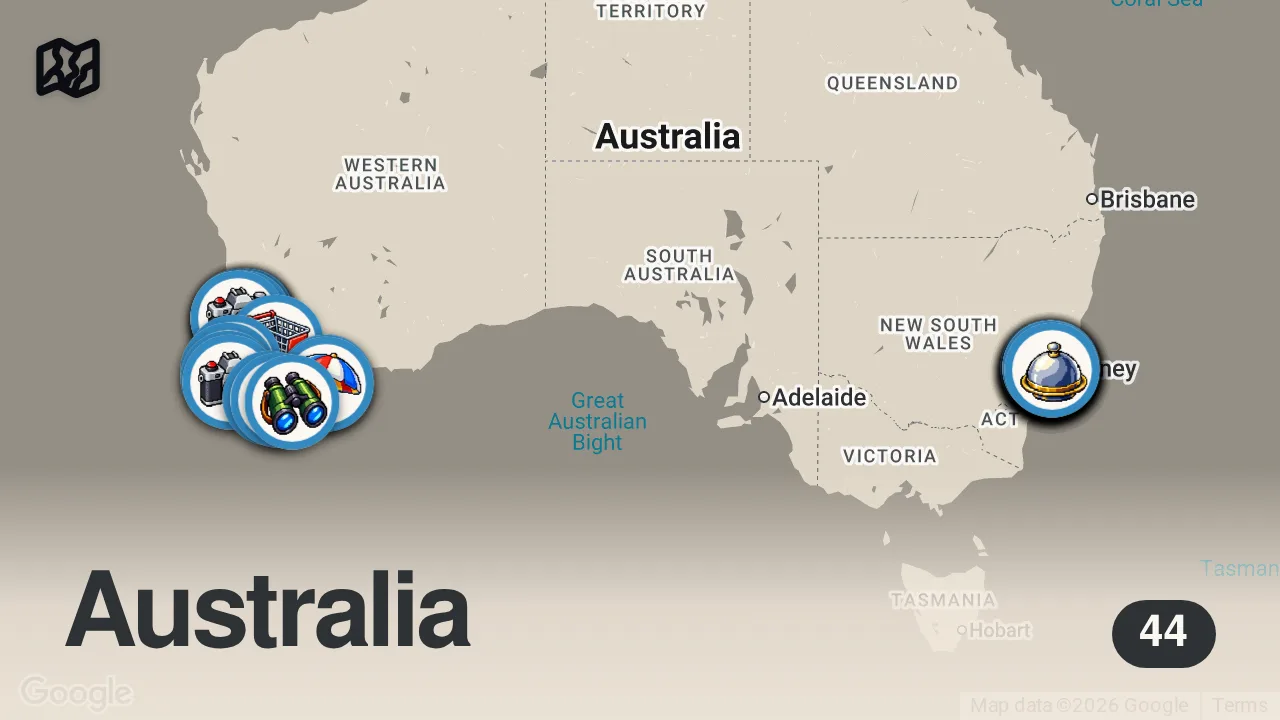 Map of 44 spots from Viaggio on the Road in AUSTRALIA: Terra Rossa, Natura Selvaggia e Metropoli