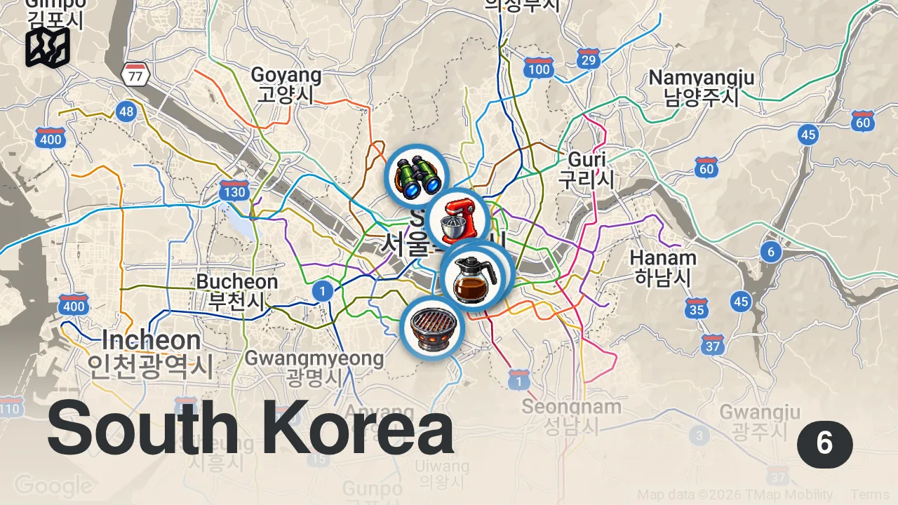 Map of 6 spots from Best Korean Food!! HUGE BONE HOTPOT + 5 Must Eat Foods in Seoul!