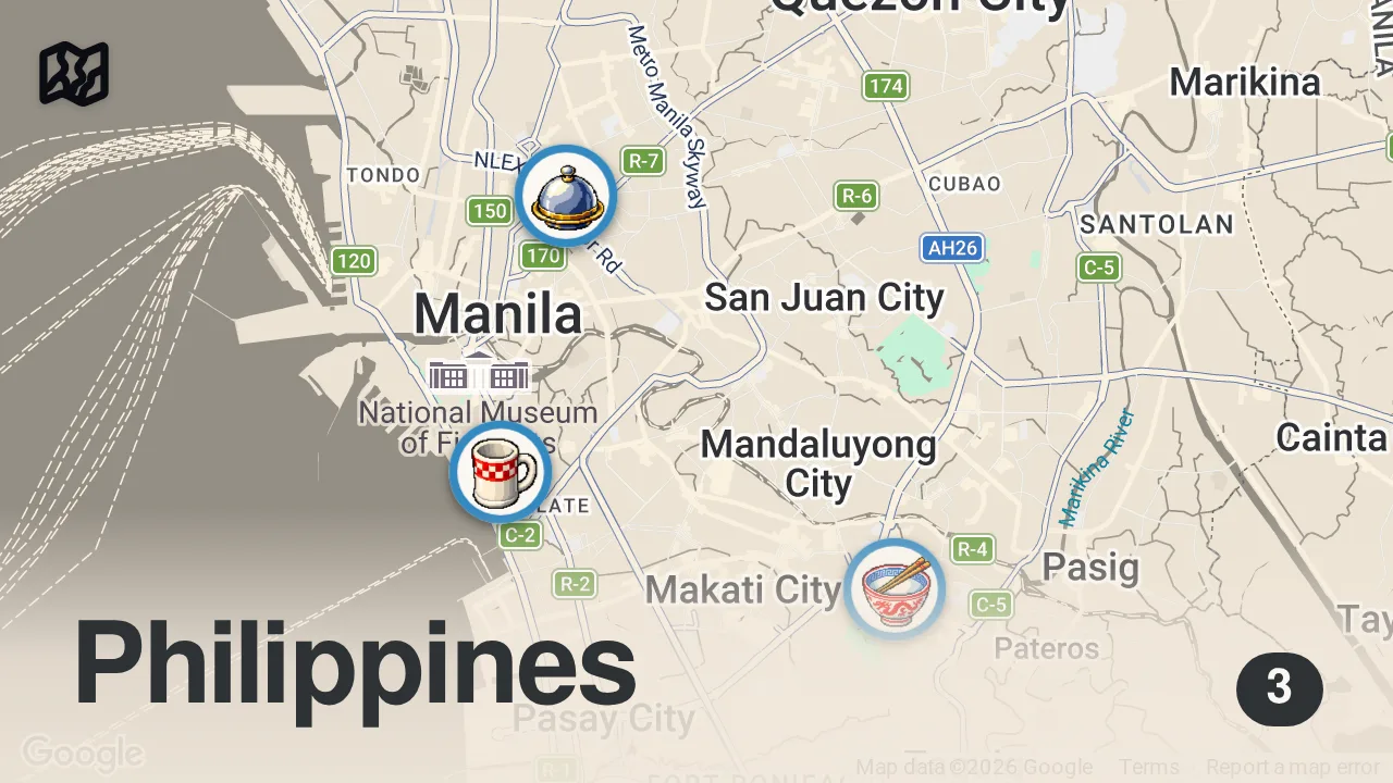 Map of 3 spots from $1 Filipino Street Food - Canadians in Manila, Philippines!