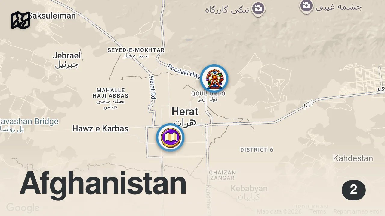 Map of 2 spots from Fun Or Fear? Inside Amusement Park In Herat — Life In The Taliban's Afghanistan 🇦🇫