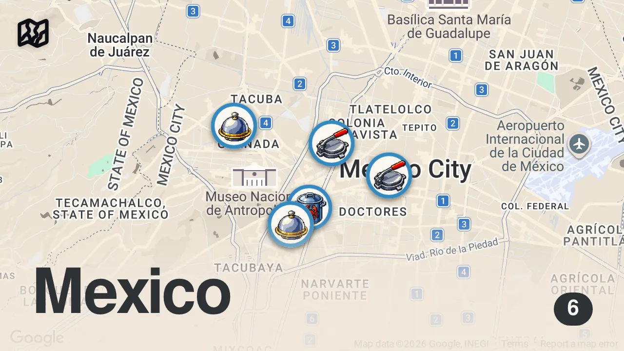 Map of 6 spots from 48 Hours Eating Mexico City's Most INSANE Food