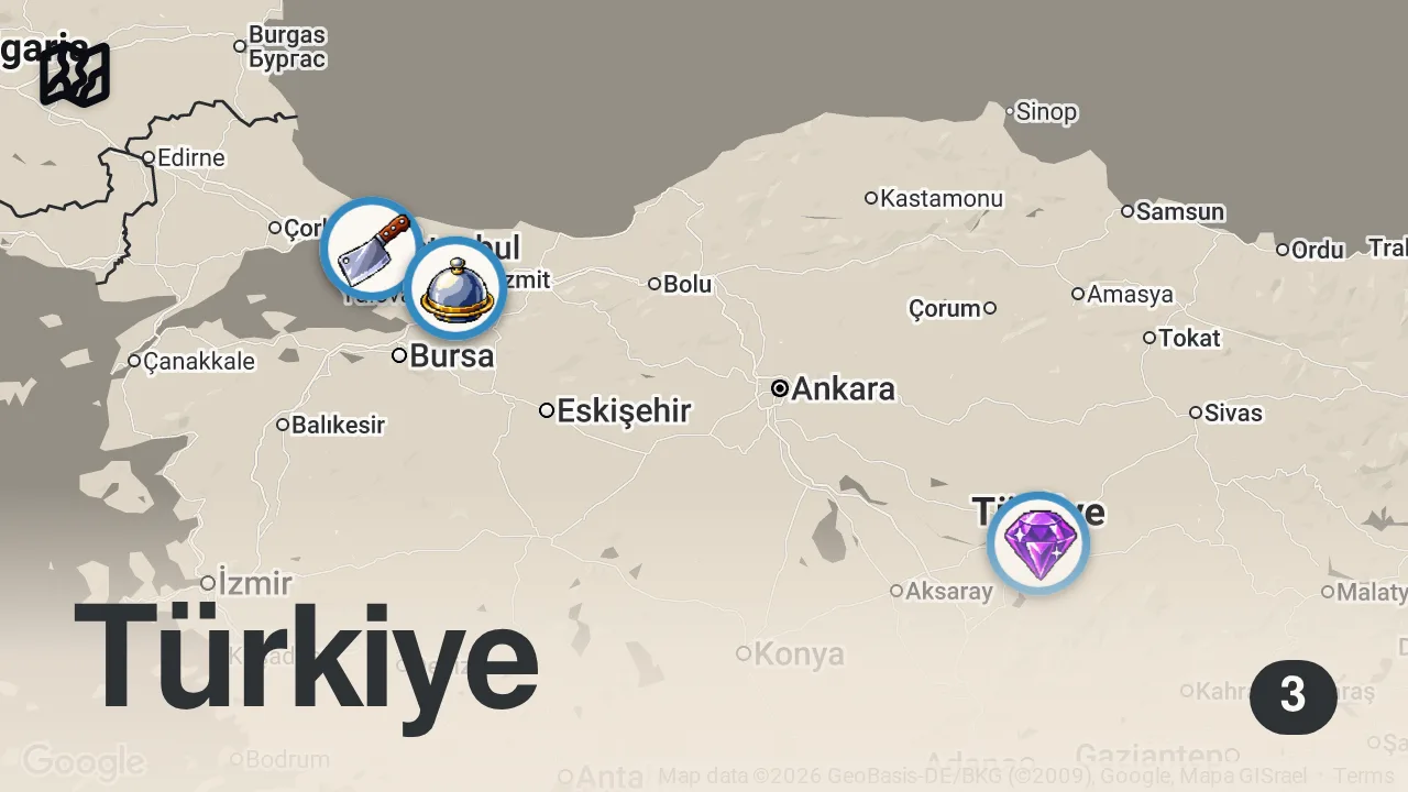 Map of 3 spots from İSTANBUL - İZMİR YOL ÜSTÜ LEZZETLERİ (Köfte, simit dolması, pirzola, katmer) - Ayaküstü Lezzetler