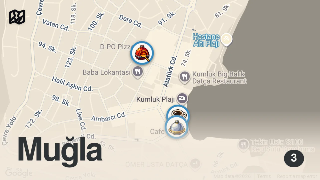 Map of 3 spots from DATÇA’NIN LEZZET MEKANLARI (Bölüm 1) #datça #yemek #gezi #seyahat #vlog