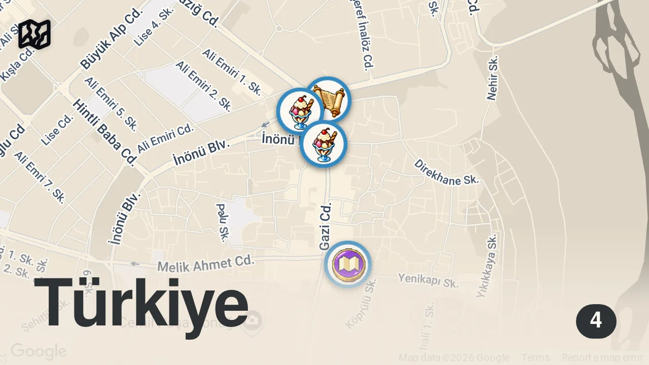 Map of 4 spots from Diyarbakır’da Denemeniz Gereken 4 Farklı Burma Kadayıf! #reklam #shortsfeed #youtube #viral
