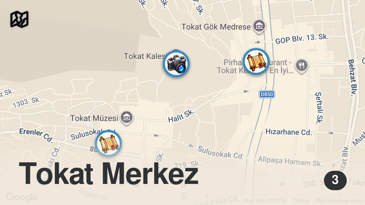 Map of 3 spots from TOKAT'TA NE OLUYOR? - Tokat’ın Tarihini ve Lezzetlerini Görmeden Ölmeyin!