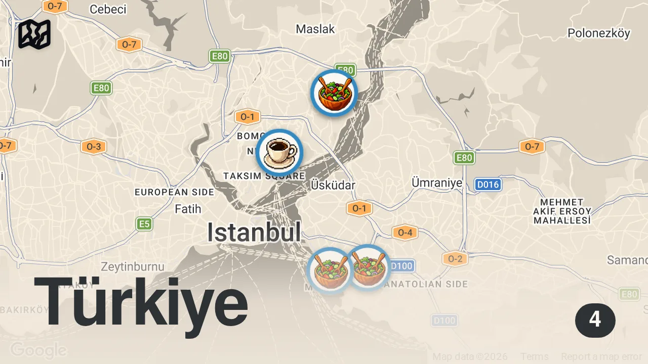 Map of 4 spots from VEGAN LEZZETLER REHBERİ (Kruvasan, lahmacun, içli köfte, ıslak hamburger) - Ayaküstü Lezzetler