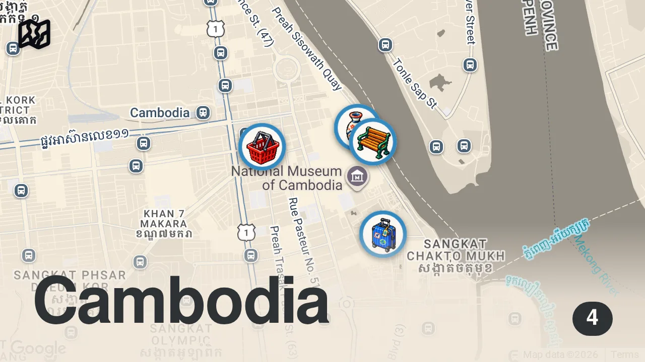 Map of 4 spots from Eating Cambodia's Creepy-Crawly Cuisine In Phnom Penh, Cambodia ๐ฐ๐ญ