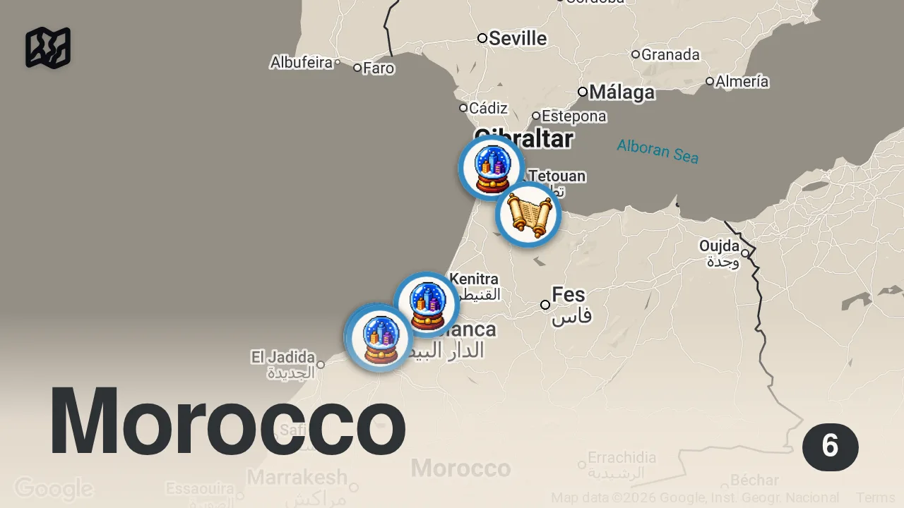 Map of 6 spots from السفر الى المغرب طريقة السفر و المعيشه في المغرب