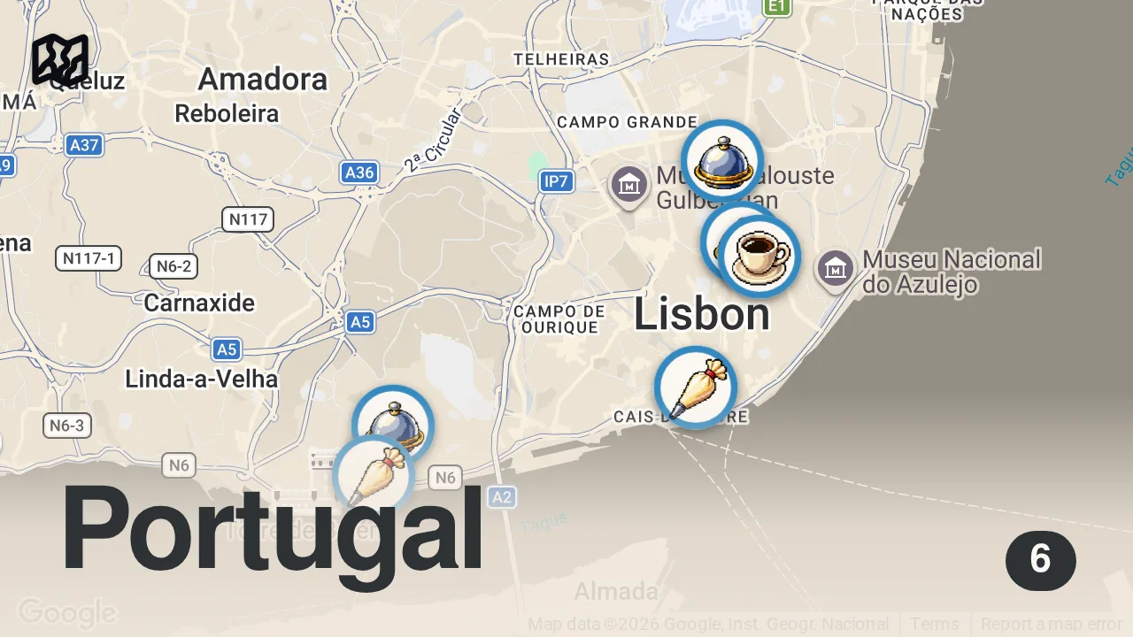 Map of 6 spots from 48H In LISBON : Ultimate Portuguese Food Tour - From Pastel de Nata to Piri-Piri Chicken!