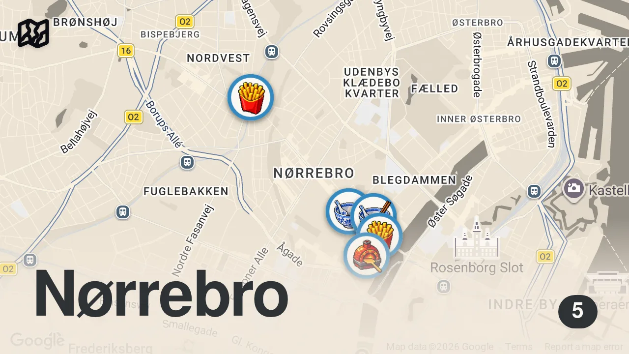 Map of 5 spots from Viser BigCheff Mine Favoritter På Nørrebro