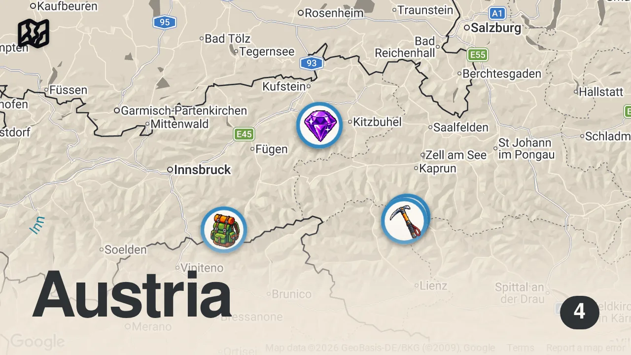 Map of 4 spots from Top 10 Places To Visit In Austria