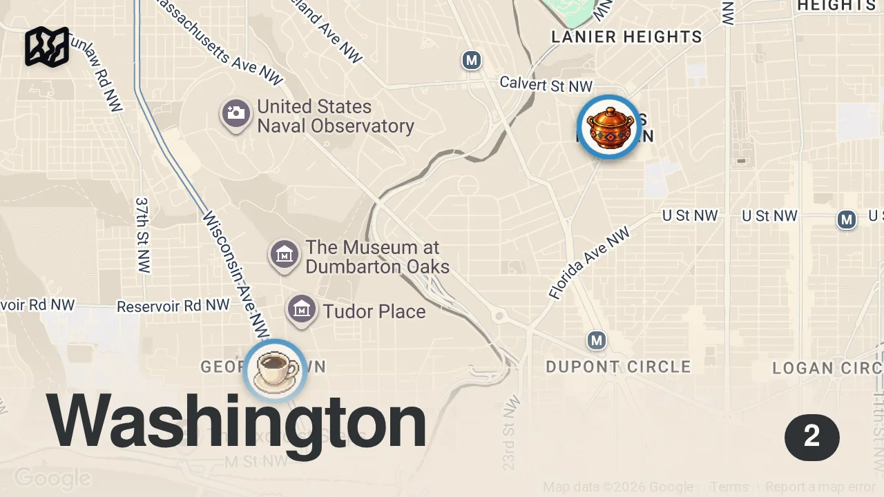 Map of 2 spots from Full day of international food in WASHINGTON DC! ๐ด๐