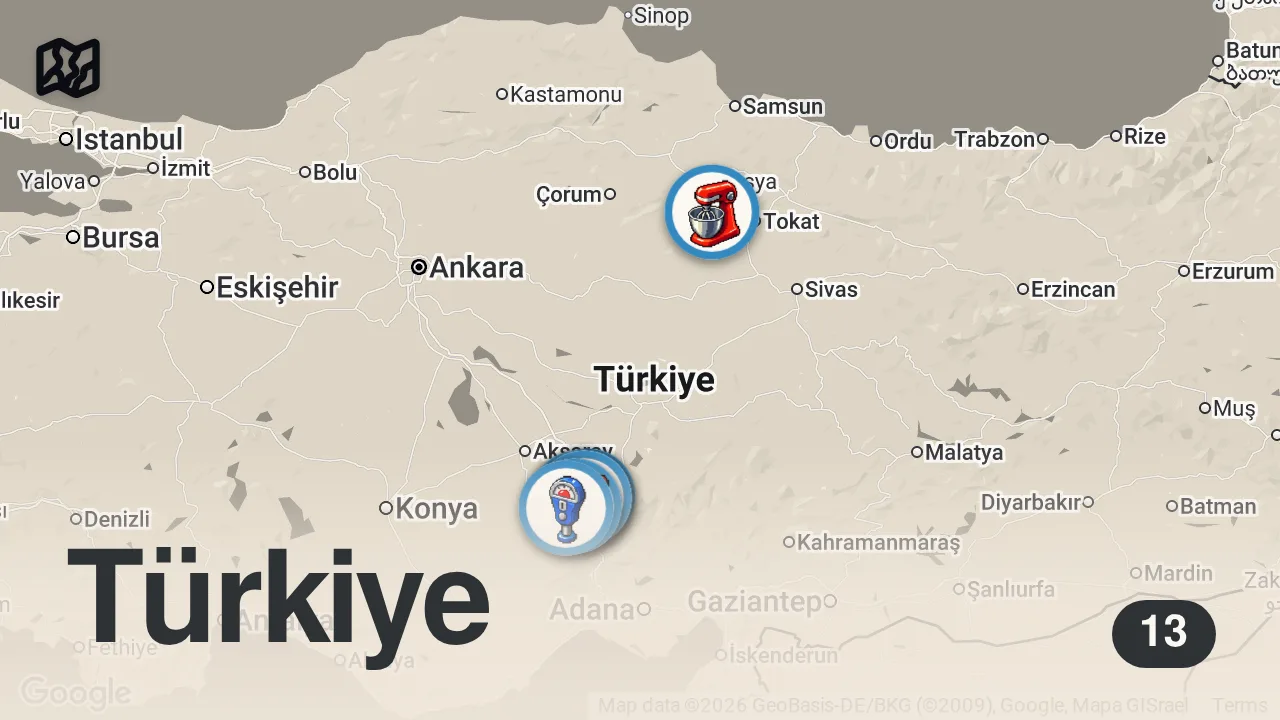 Map of 13 spots from NİĞDE’DE 1 GÜNDE NE YENİR!!!
