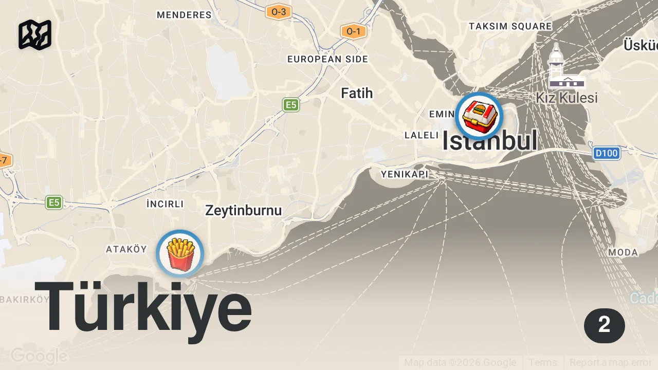 Map of 2 spots from ÜMİT ÖZAT İLE SINIRSIZ YEDİK | MUKBANG | CAJUN CORNER