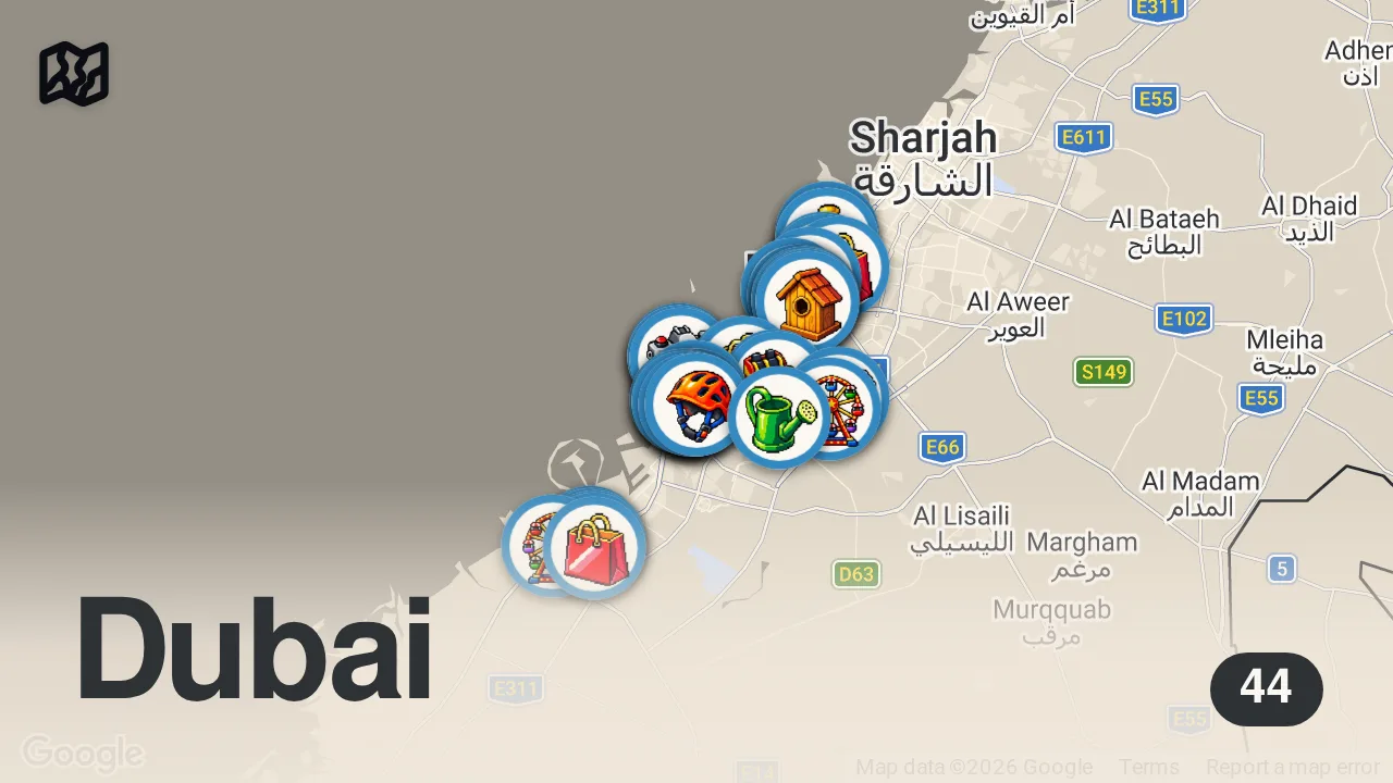 Map of 44 spots from دبي الإمارات و أفضل ٦٠ برنامج سياحي مع الأسعار