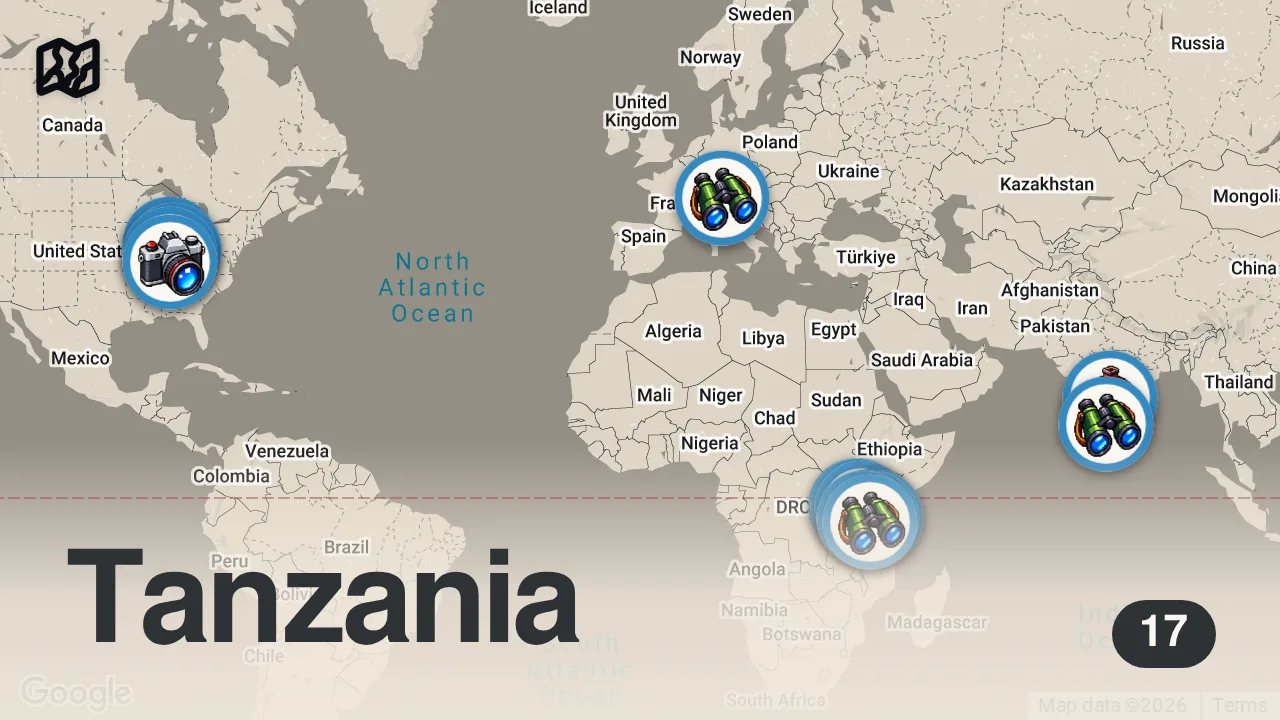Map of 17 spots from Tanzania Beyond the Great Migration - The safari of a LIFETIME😍🇹🇿