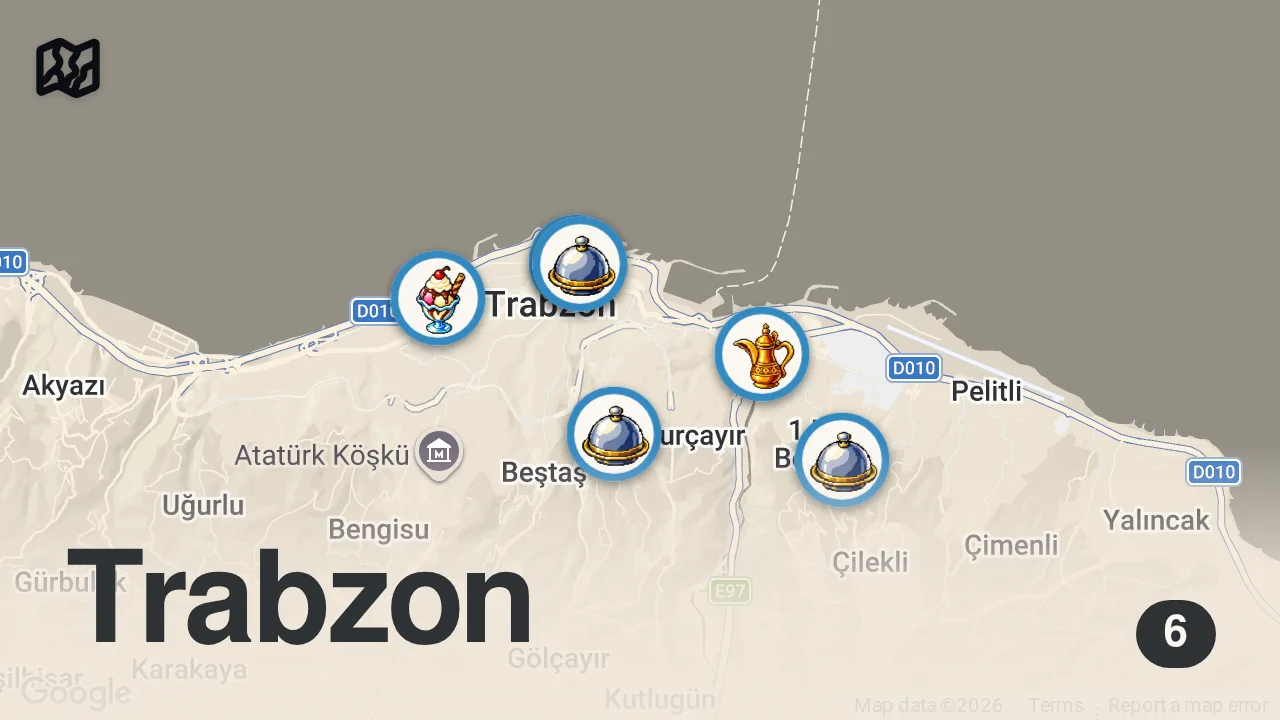 Map of 6 spots from 🇹🇷 Street food in TRABZON, Turkey - KING OF TURKISH PIDE + INSANE seafood | Street food in Turkey