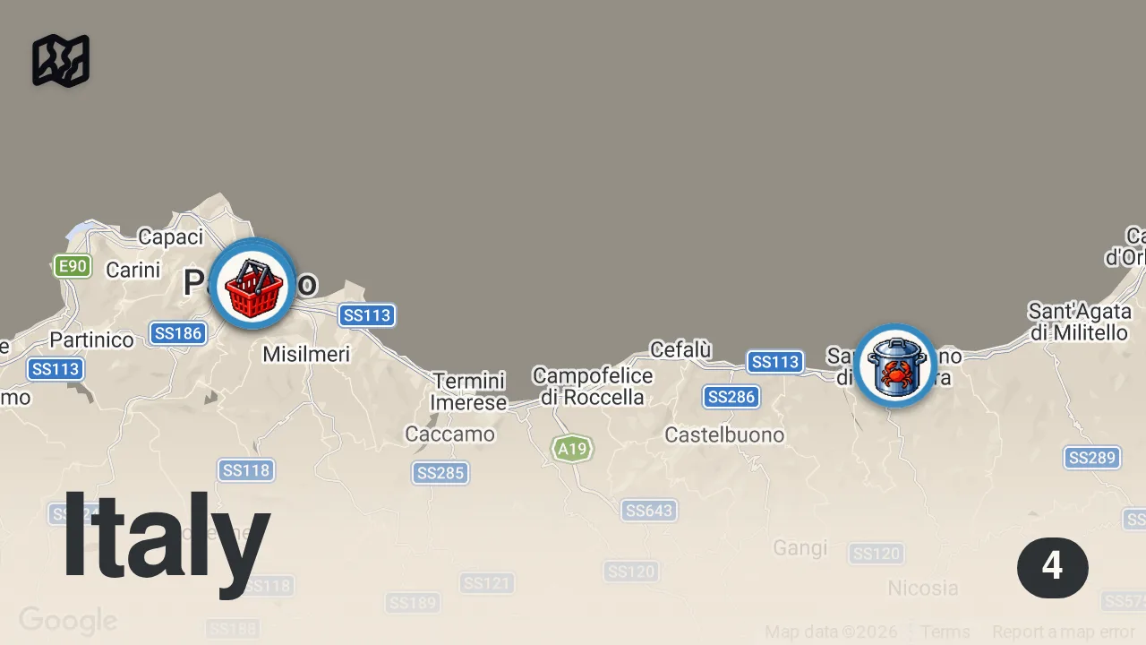 Map of 4 spots from EXTREME Street food in Sicily, Italy - PALERMO FOOD HEAVEN - Street food market in Sicily, Italy