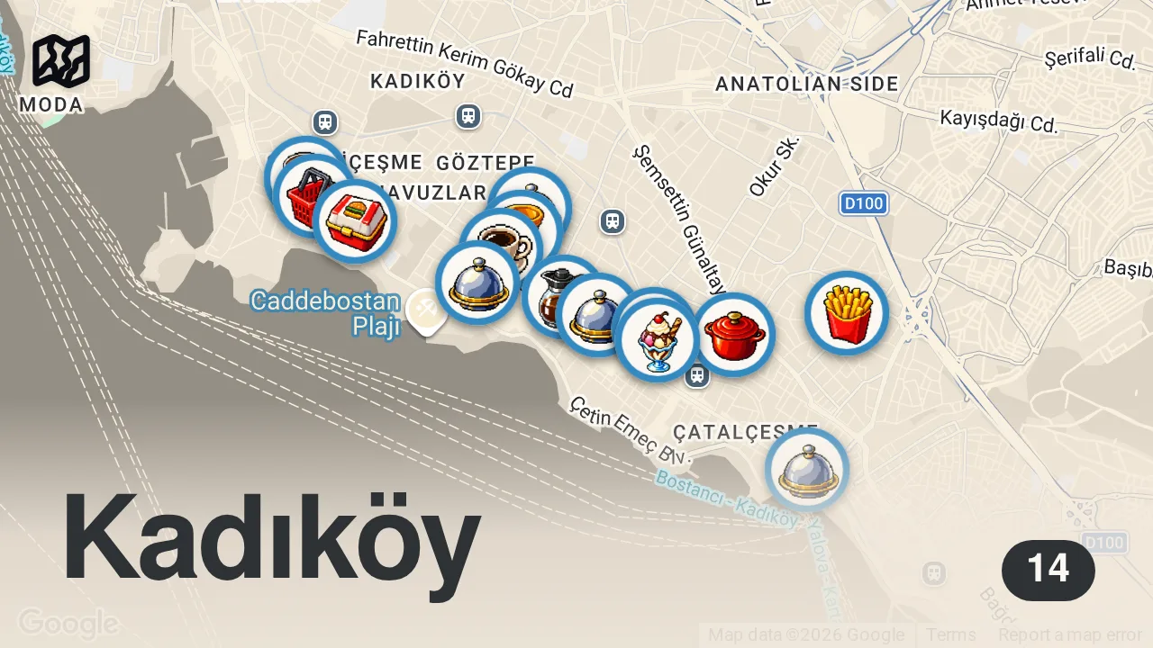 Map of 14 spots from BAĞDAT CADDESİ LEZZETLERİ - Ayaküstü Lezzetler