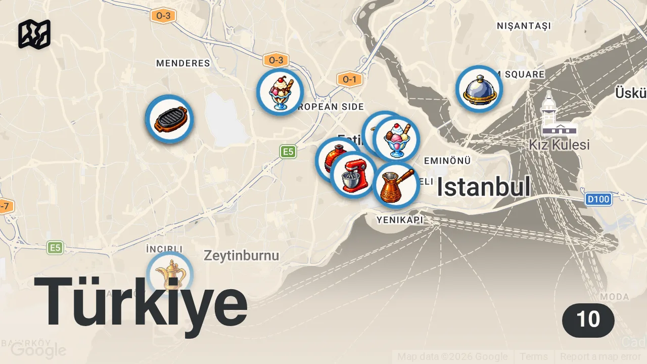 Map of 10 spots from İSTANBUL'DA 10 TL ALTI LEZZETLER! / Şehrin en ucuz pizzası! - Ayaküstü Lezzetler