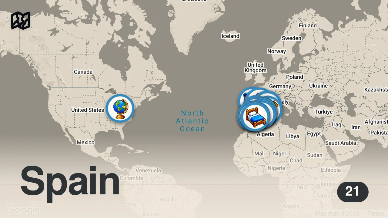 Map of 21 spots from MARAVILLAS DE ESPAÑA | Lugares y Pueblos Más Bellos | Guía de viaje en 4K