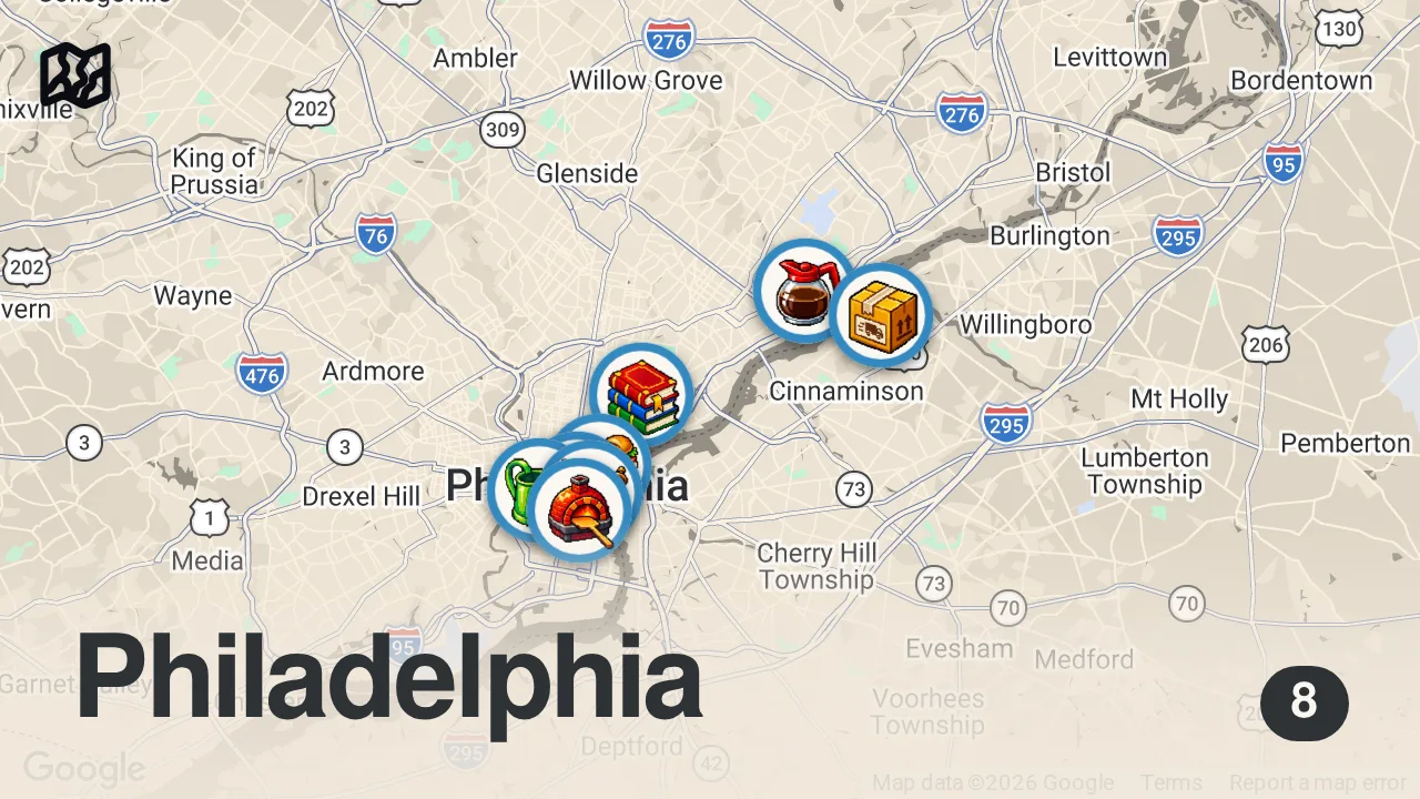 Map of 8 spots from Inside Philadelphia - America’s Birthplace 250 Years Later