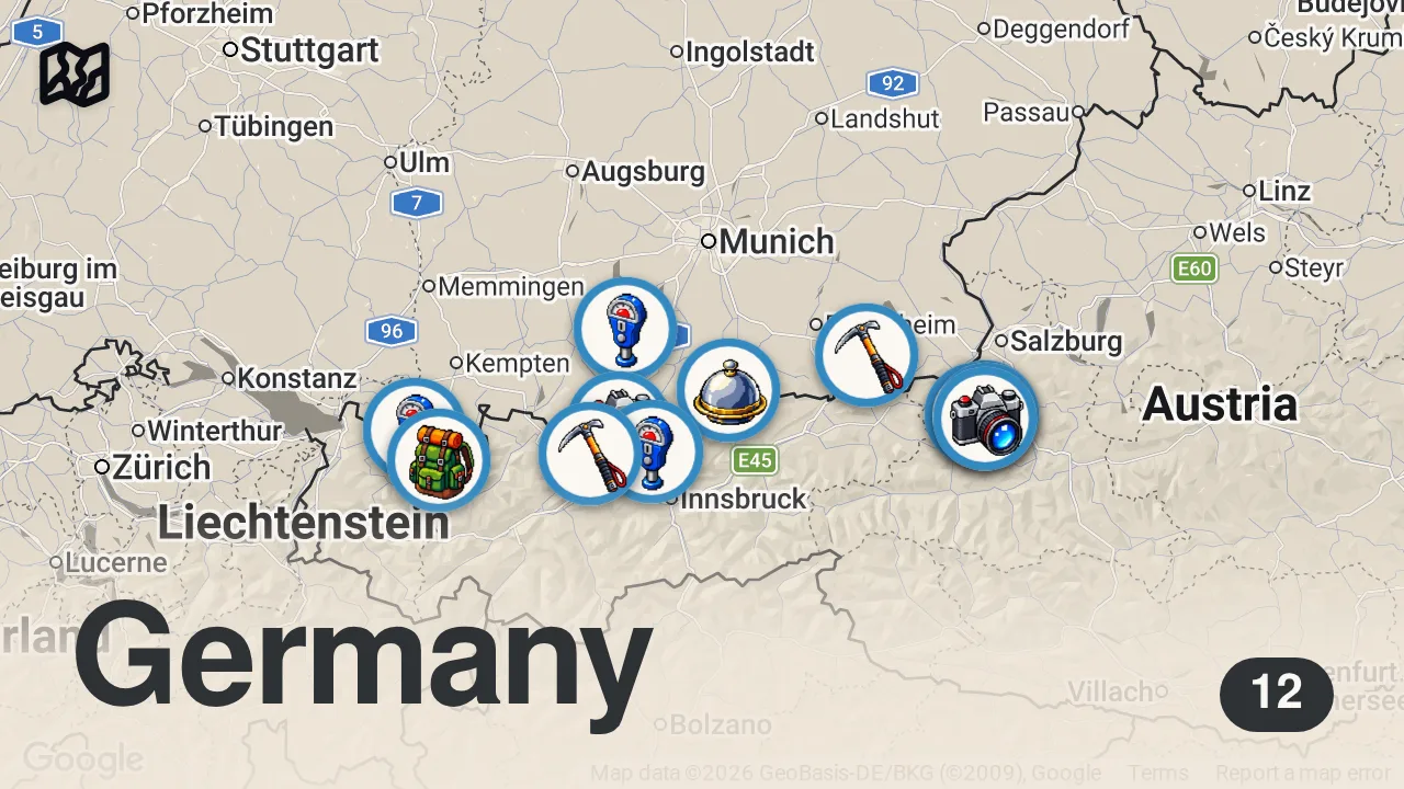Map of 12 spots from The 7 Most Beautiful Hikes in the Bavarian Alps