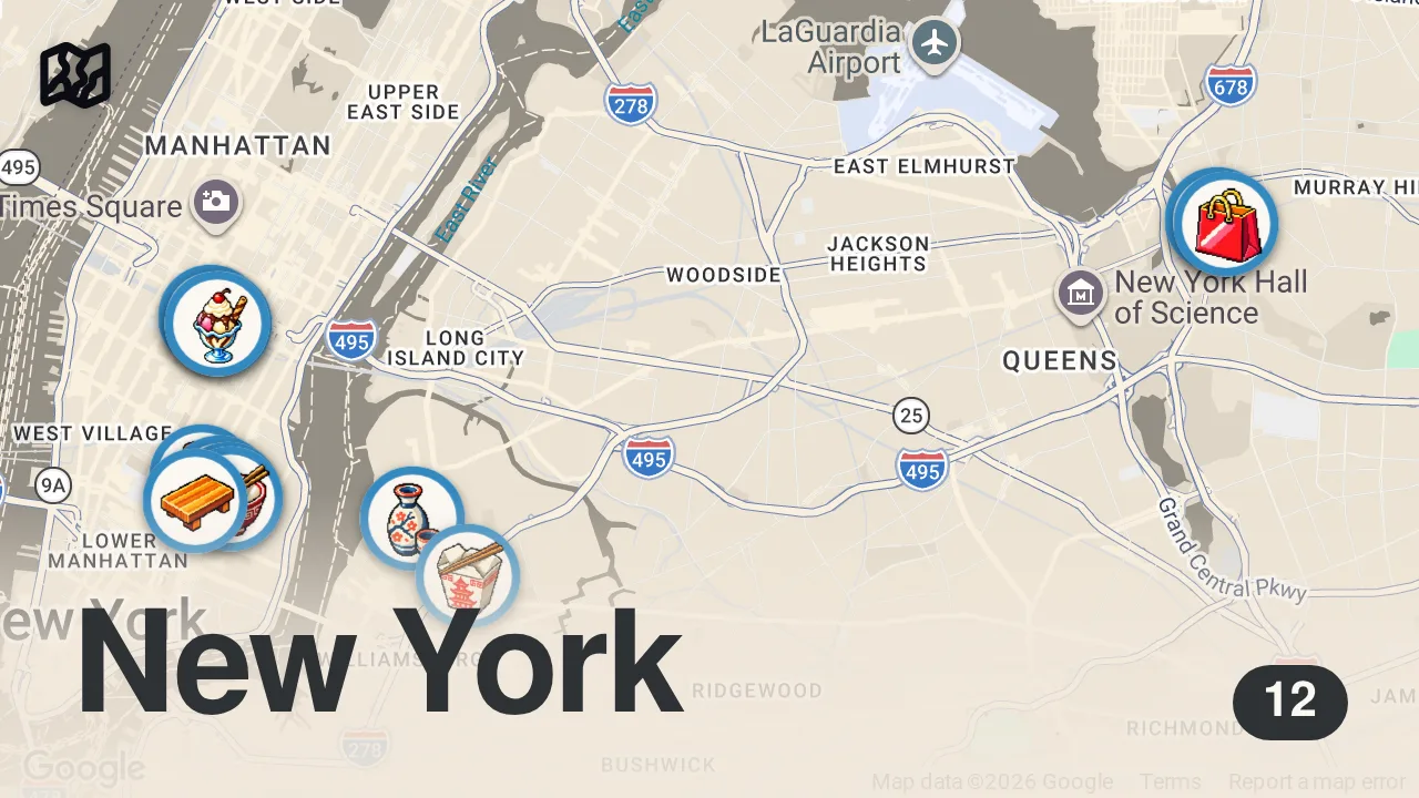 Map of 12 spots from What to Eat in NEW YORK CITY! NYC Food Tour Part 1 (boba, ramen, pizza, sushi & more)