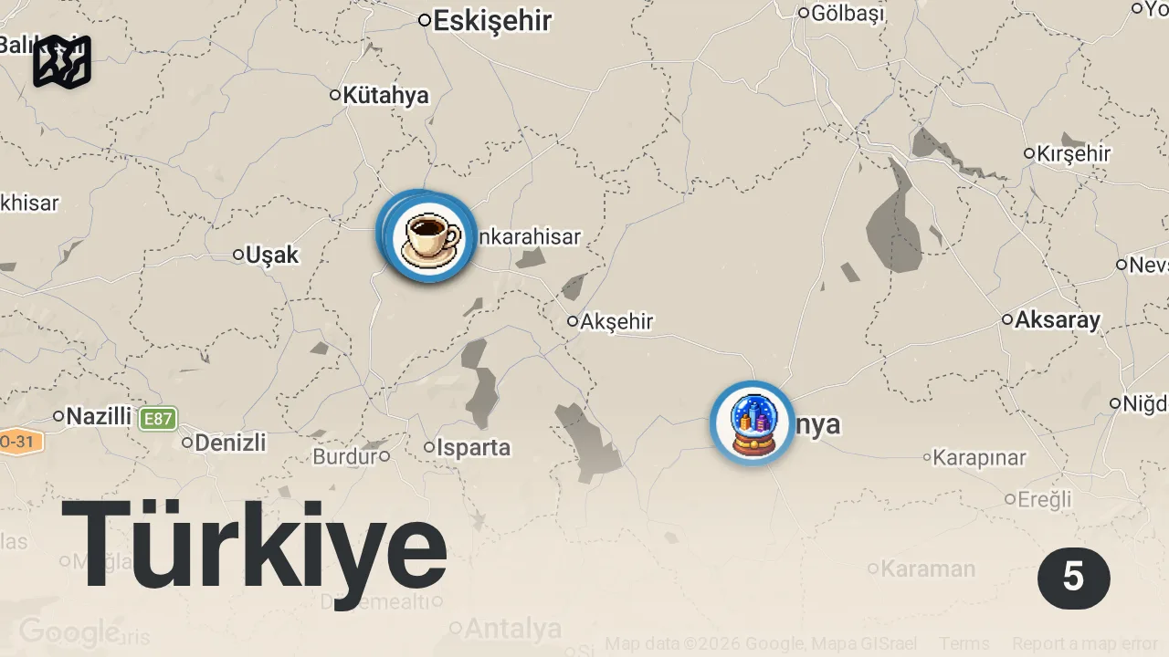 Map of 5 spots from Afyon - Konya Arasında Tek Başıma… Kimse Durmadı, Kimse Yardım Etmedi!