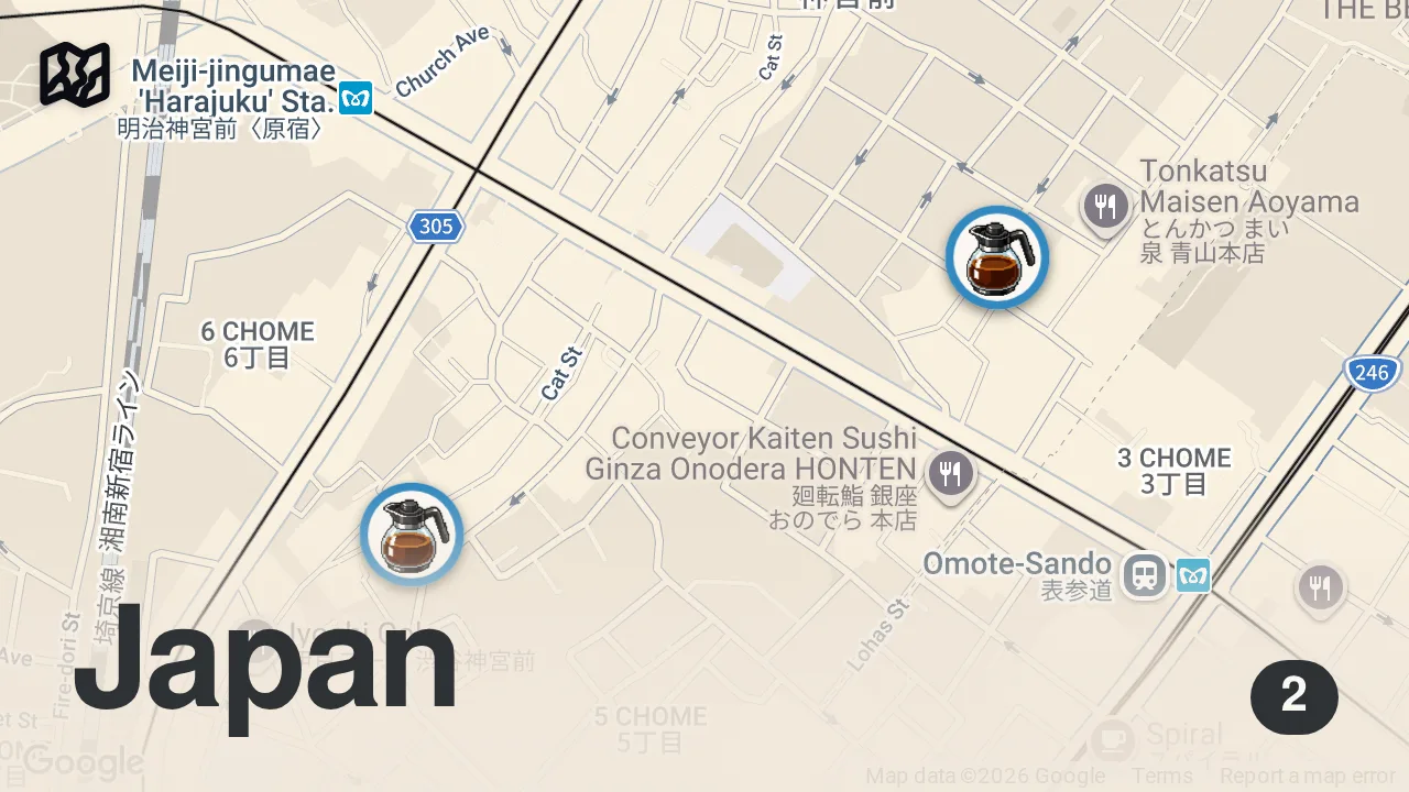 Map of 2 spots from A must visit Tokyo coffee shop