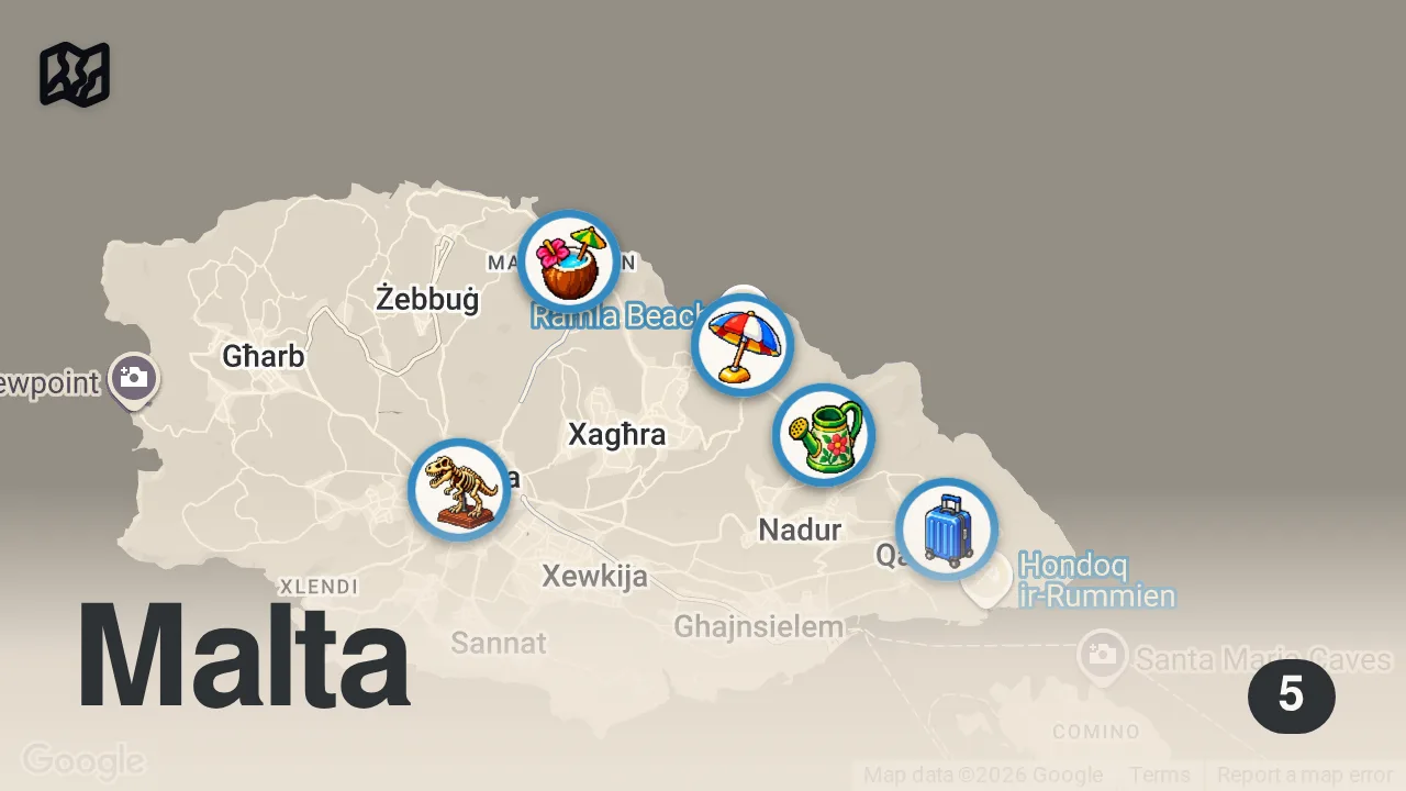 Map of 5 spots from SURPRISED BY GOZO ISLAND - Whole Day Tour Of The Island! ๐ฒ๐น