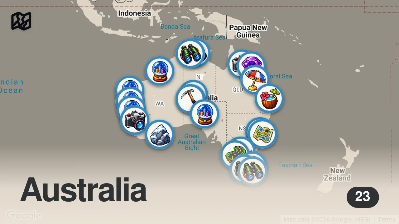 Map of 23 spots from 🇦🇺 Australien – Ein Kontinent zwischen Regenwald, Wüste und Eis | 4K Doku