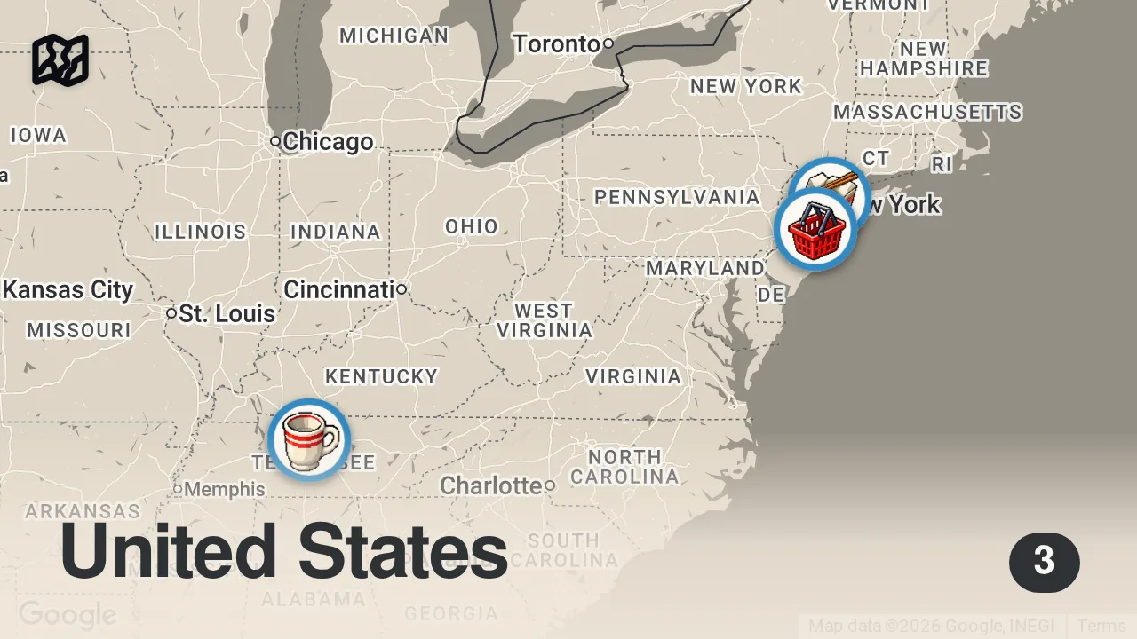 Map of 3 spots from Eating SKETCHY Restaurants For 24 Hours...