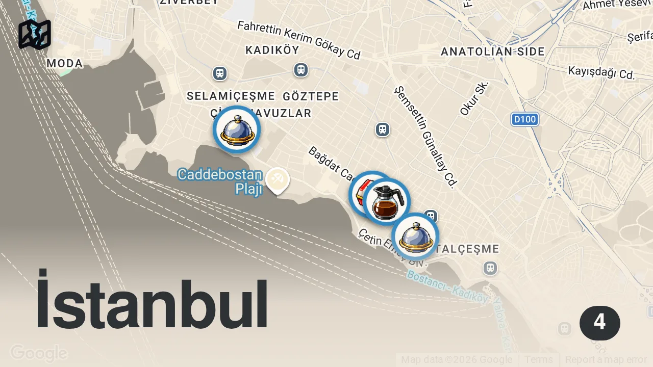 Map of 4 spots from Bağdat Caddesi Lezzetleri | Kral yengeç, kuzu şiş, kıyma kebabı