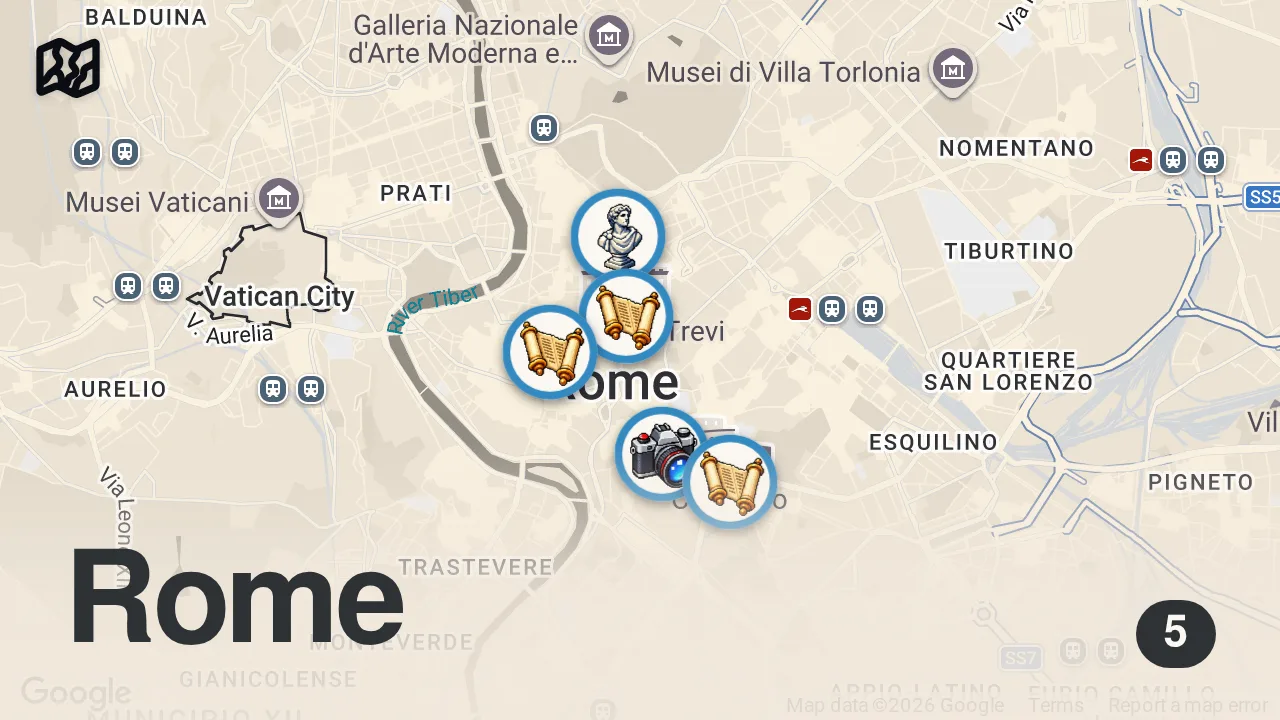 Map of 5 spots from Rome's Ultimate First Timer's Guide!! Food, Scams & Ancient Secrets!!