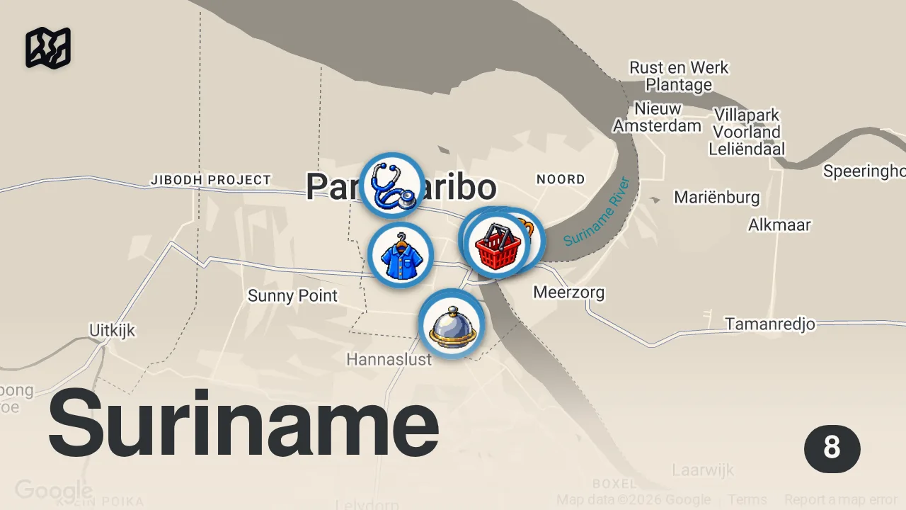 Map of 8 spots from American Tries Suriname Fast Food!! Street Crab & Caribbean KFC!!