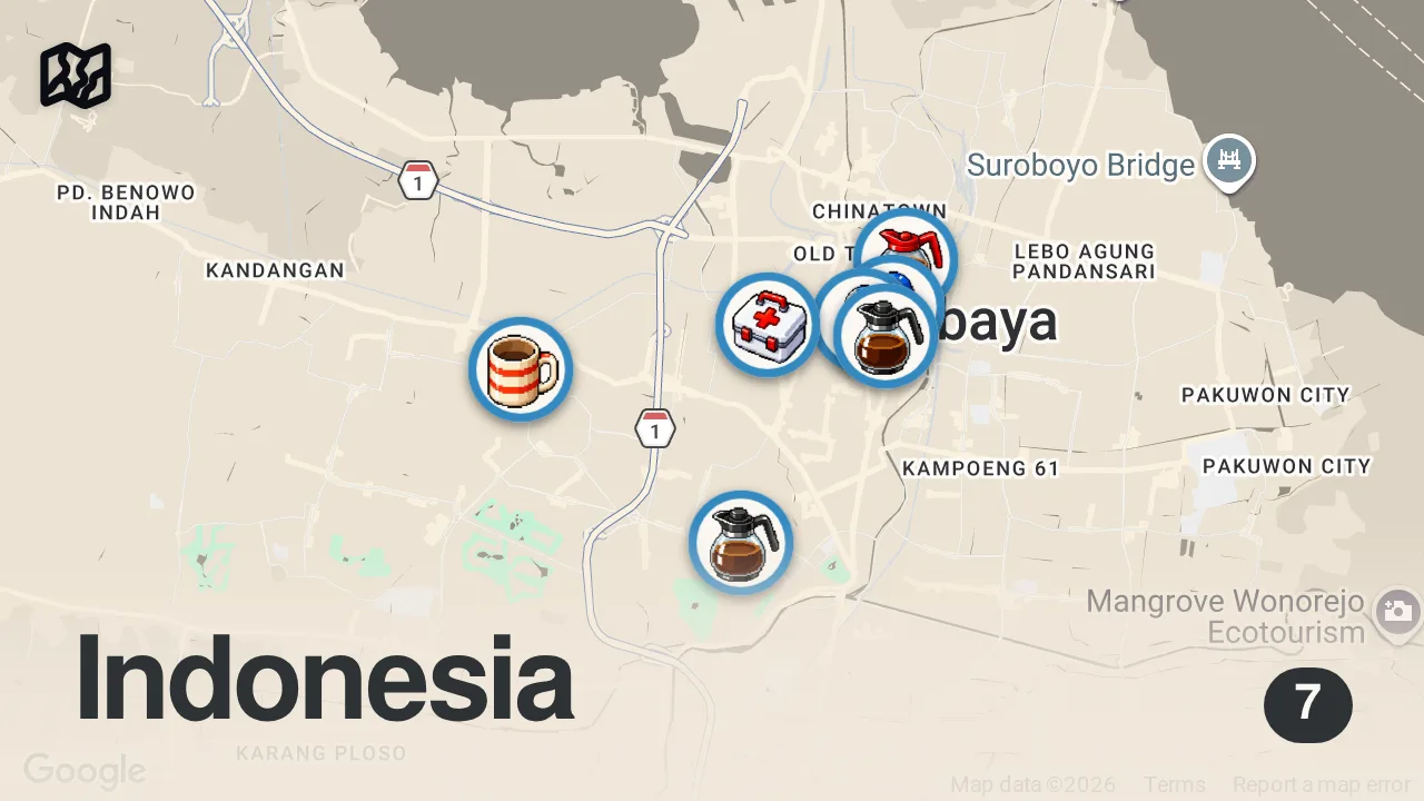 Map of 7 spots from Back in Indonesia!! 🇮🇩 INDONESIAN STREET FOOD + World’s Best Fried Duck in Surabaya!!