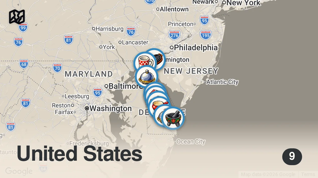 Map of 9 spots from The 10 best restaurants in Delaware
